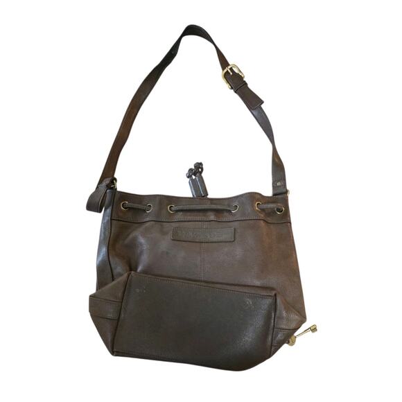 VTG Fossil Drawstring Bucket Shoulder Bag Brown Pebbled Genuine Leather Pockets - Picture 7 of 10